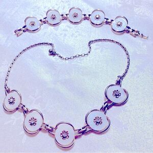 Vintage Faux Mother of Pearl Disk Necklace 14”& Bracelet 6” Rhinestones Set
